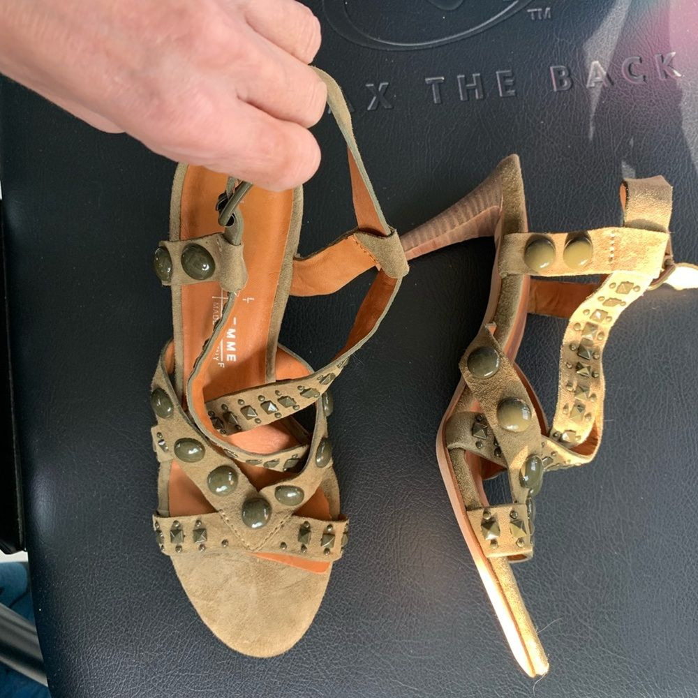 BRAND NEW $225 OLIVE GREEN ITALIAN STUDDED SUEDE HIGH HEEL STRAPPY SANDALS 38